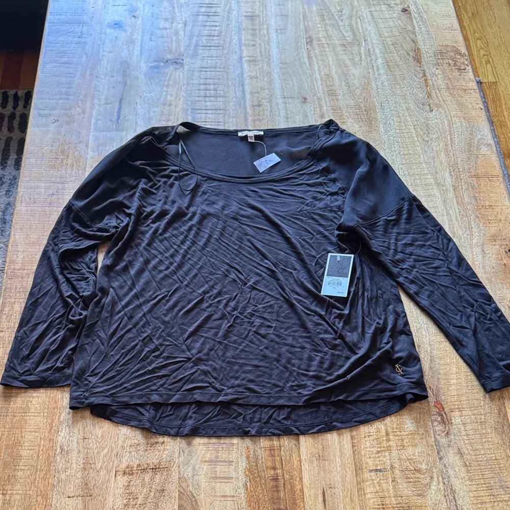 Juicy Couture Black square neck mesh top Women's long sleeve tee shirt blouse